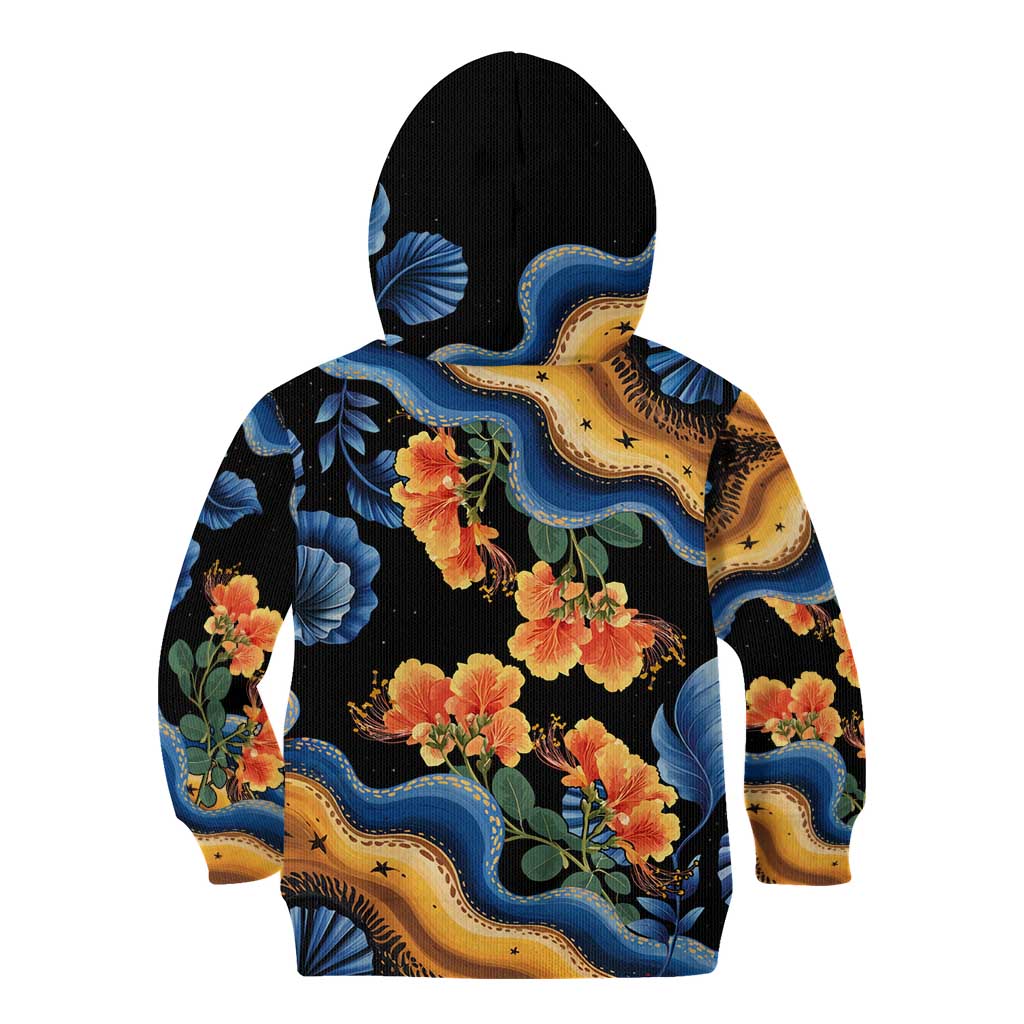 Barbados Floral Wave Kid Hoodie with Tropical Hibiscus Print Black and Gold - Wonder Print Shop