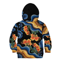 Barbados Floral Wave Kid Hoodie with Tropical Hibiscus Print Black and Gold - Wonder Print Shop
