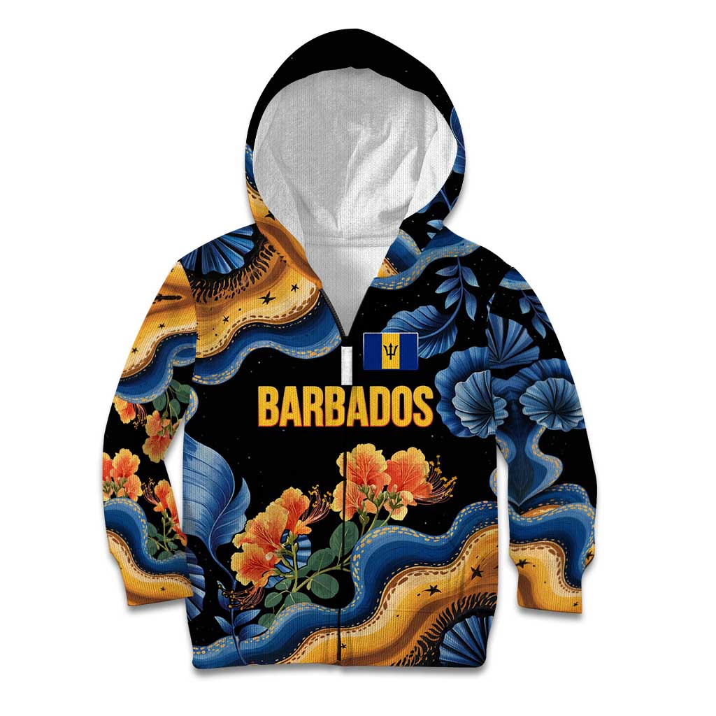 Barbados Floral Wave Kid Hoodie with Tropical Hibiscus Print Black and Gold - Wonder Print Shop
