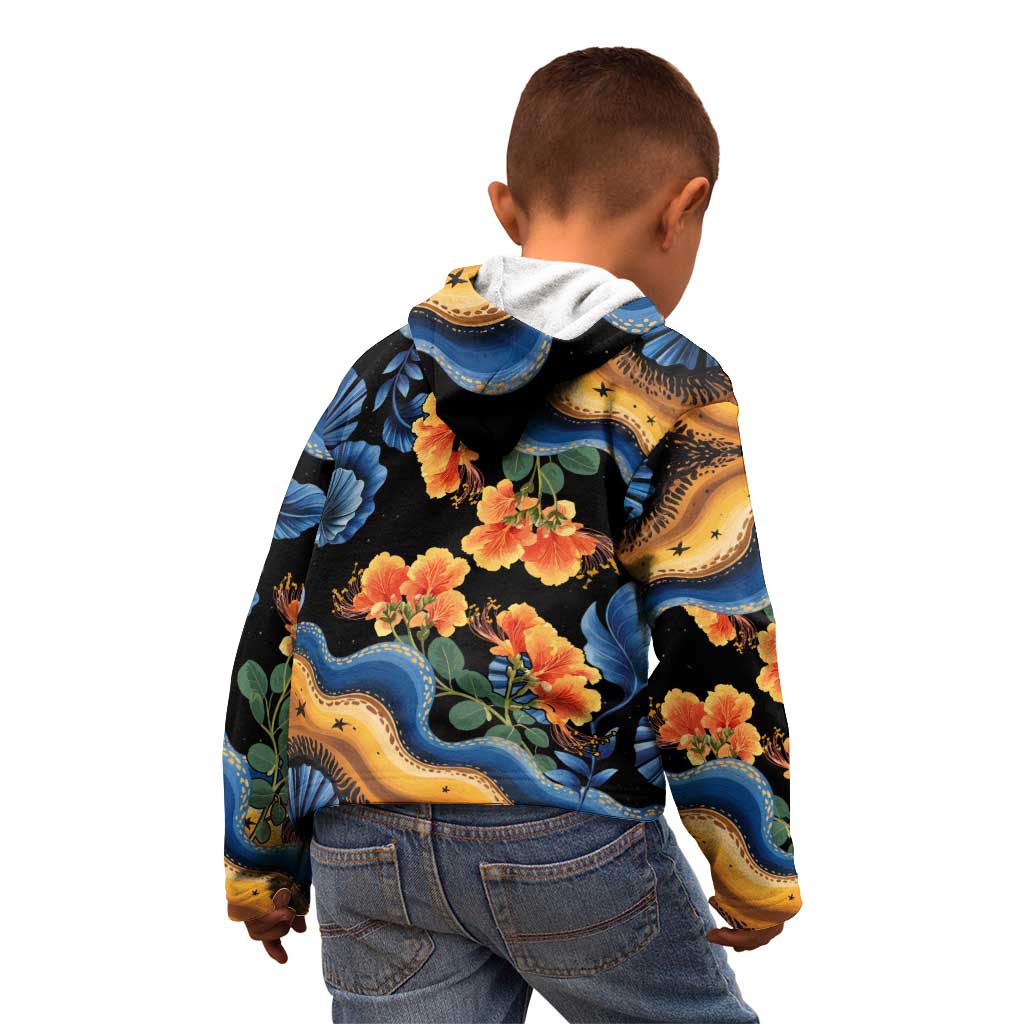 Barbados Floral Wave Kid Hoodie with Tropical Hibiscus Print Black and Gold - Wonder Print Shop