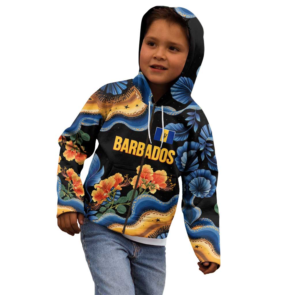 Barbados Floral Wave Kid Hoodie with Tropical Hibiscus Print Black and Gold - Wonder Print Shop