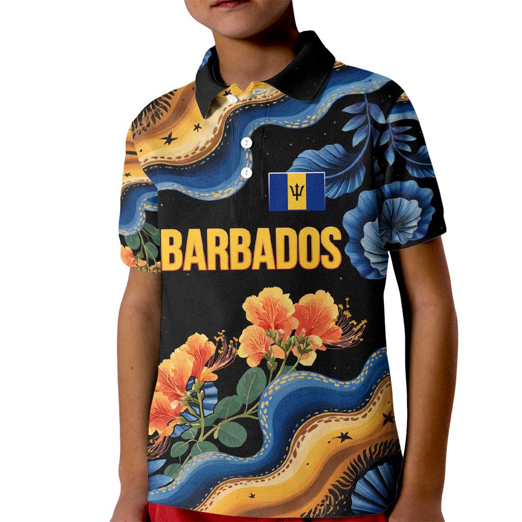 Barbados Floral Wave Kid Polo Shirt with Tropical Hibiscus Print Black and Gold - Wonder Print Shop