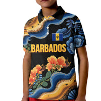Barbados Floral Wave Kid Polo Shirt with Tropical Hibiscus Print Black and Gold - Wonder Print Shop