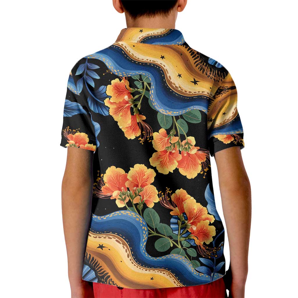 Barbados Floral Wave Kid Polo Shirt with Tropical Hibiscus Print Black and Gold - Wonder Print Shop