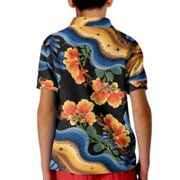 Barbados Floral Wave Kid Polo Shirt with Tropical Hibiscus Print Black and Gold - Wonder Print Shop