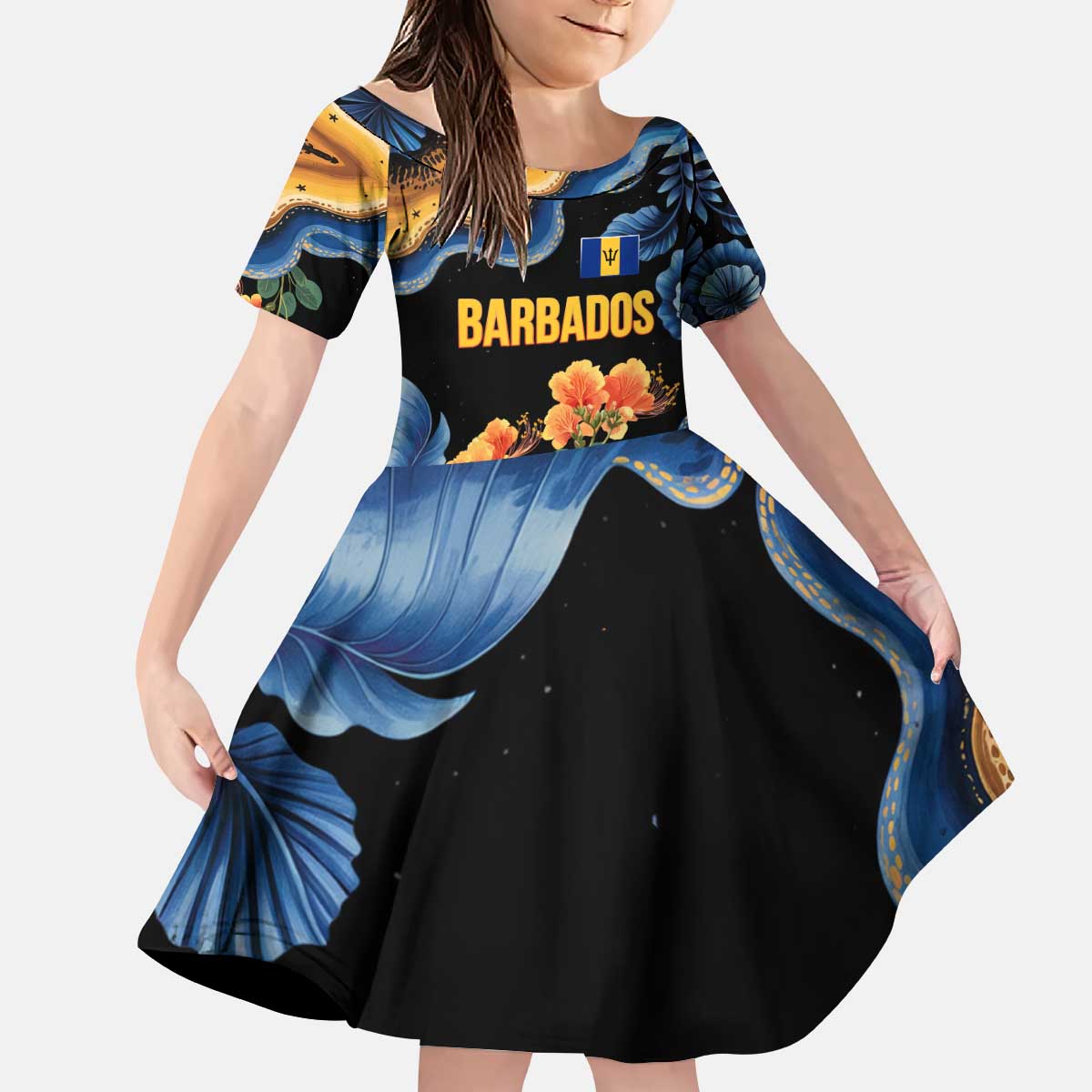 Barbados Floral Wave Kid Short Sleeve Dress with Tropical Hibiscus Print Black and Gold - Wonder Print Shop