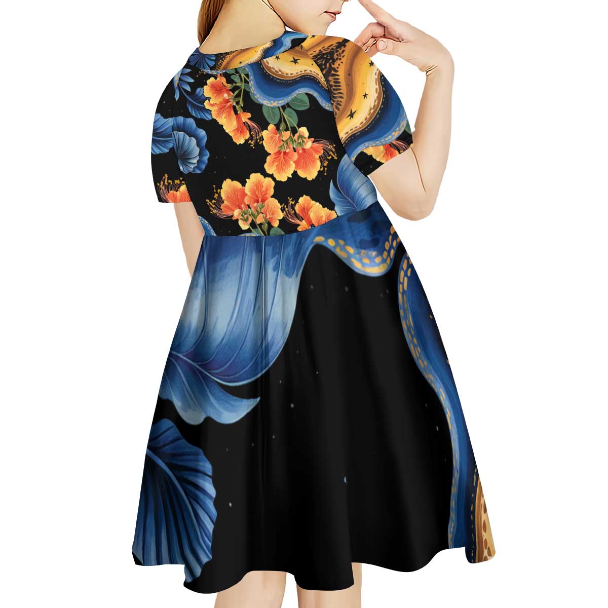 Barbados Floral Wave Kid Short Sleeve Dress with Tropical Hibiscus Print Black and Gold - Wonder Print Shop