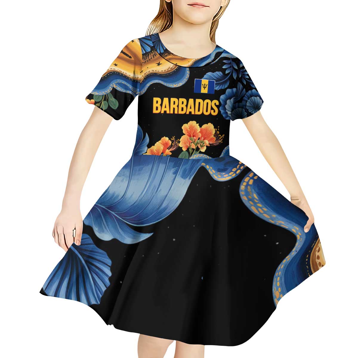 Barbados Floral Wave Kid Short Sleeve Dress with Tropical Hibiscus Print Black and Gold - Wonder Print Shop