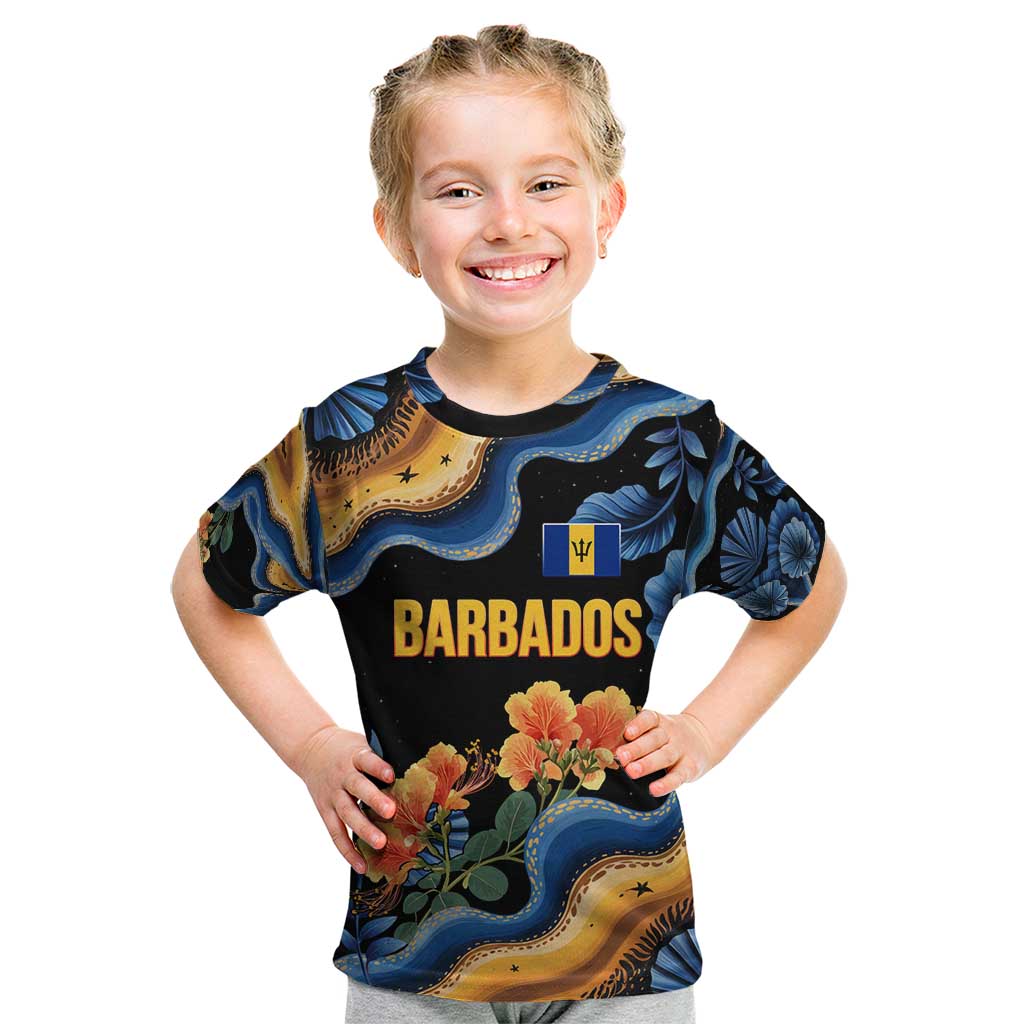 Barbados Floral Wave Kid T Shirt with Tropical Hibiscus Print Black and Gold - Wonder Print Shop