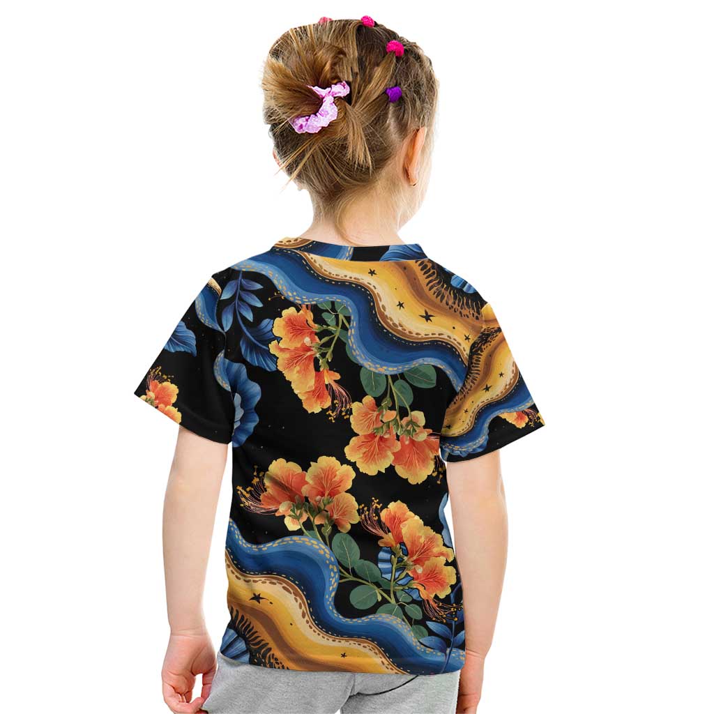Barbados Floral Wave Kid T Shirt with Tropical Hibiscus Print Black and Gold - Wonder Print Shop