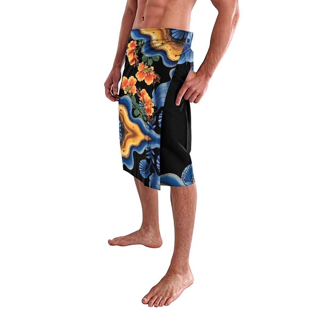 Barbados Floral Wave Lavalava with Tropical Hibiscus Print Black and Gold - Wonder Print Shop