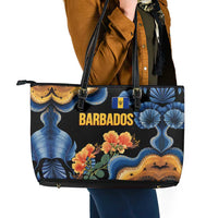 Barbados Floral Wave Leather Tote Bag with Tropical Hibiscus Print Black and Gold - Wonder Print Shop