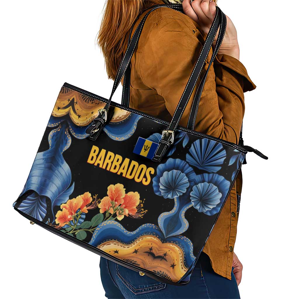 Barbados Floral Wave Leather Tote Bag with Tropical Hibiscus Print Black and Gold - Wonder Print Shop