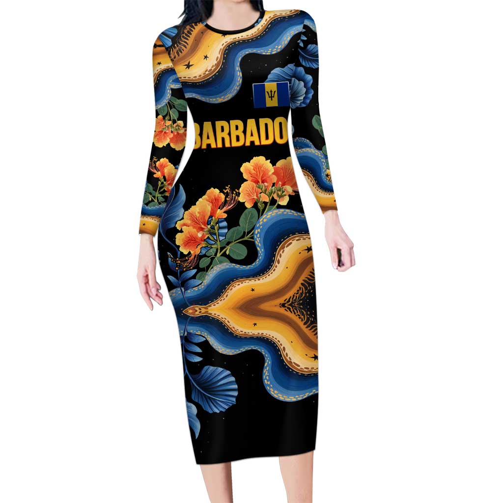 Barbados Floral Wave Long Sleeve Bodycon Dress with Tropical Hibiscus Print Black and Gold - Wonder Print Shop