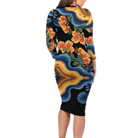 Barbados Floral Wave Long Sleeve Bodycon Dress with Tropical Hibiscus Print Black and Gold - Wonder Print Shop