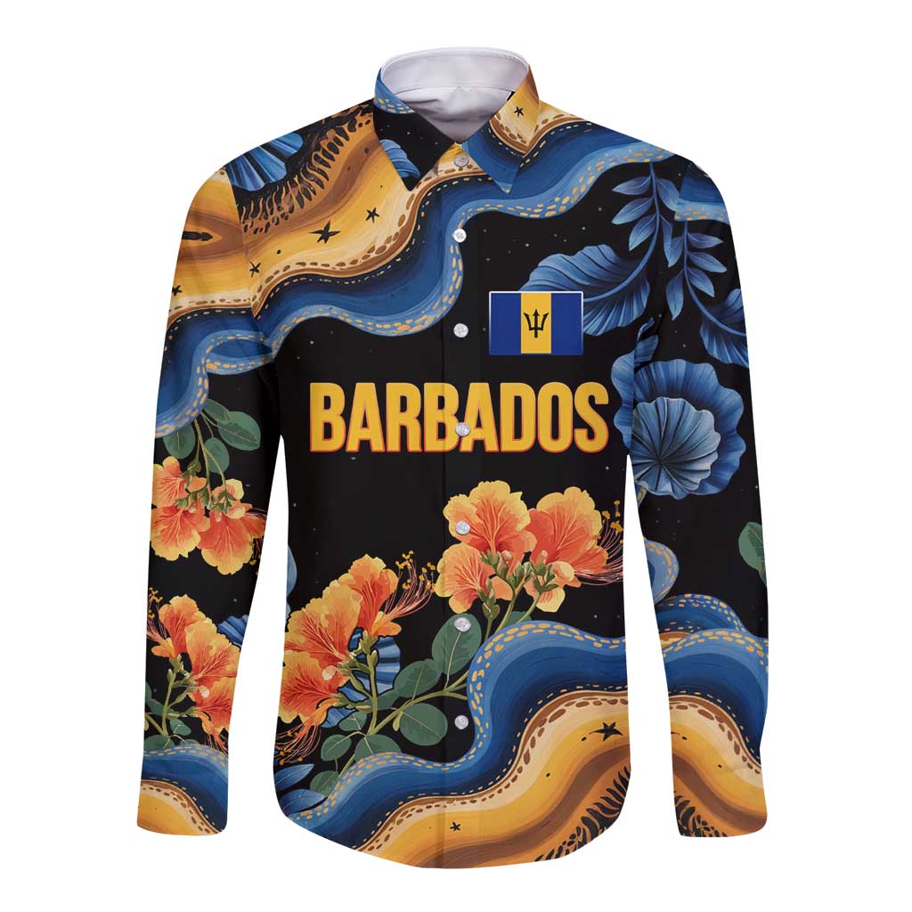 Barbados Floral Wave Long Sleeve Button Shirt with Tropical Hibiscus Print Black and Gold - Wonder Print Shop