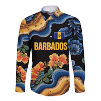 Barbados Floral Wave Long Sleeve Button Shirt with Tropical Hibiscus Print Black and Gold - Wonder Print Shop
