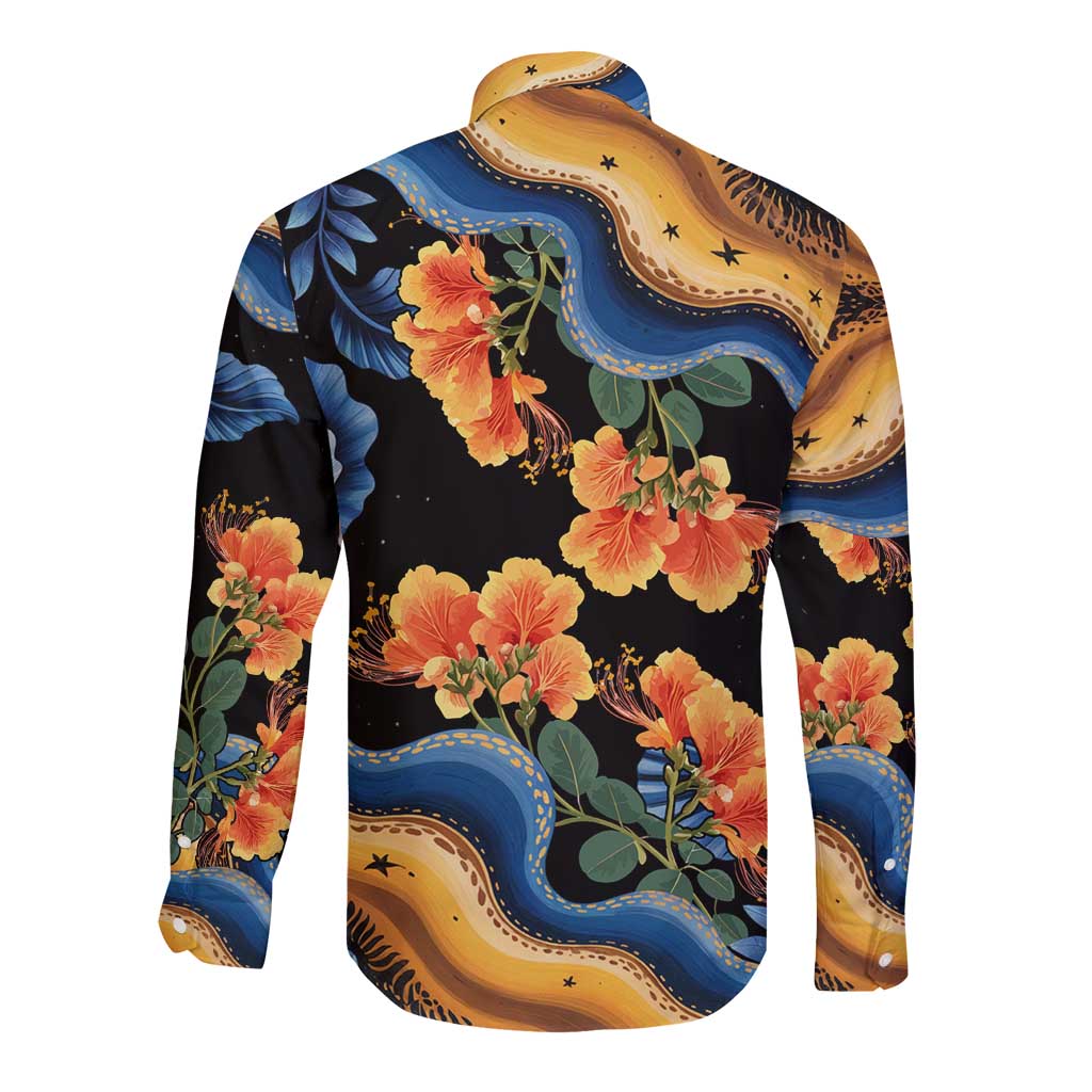 Barbados Floral Wave Long Sleeve Button Shirt with Tropical Hibiscus Print Black and Gold - Wonder Print Shop