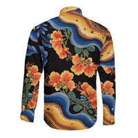 Barbados Floral Wave Long Sleeve Button Shirt with Tropical Hibiscus Print Black and Gold - Wonder Print Shop