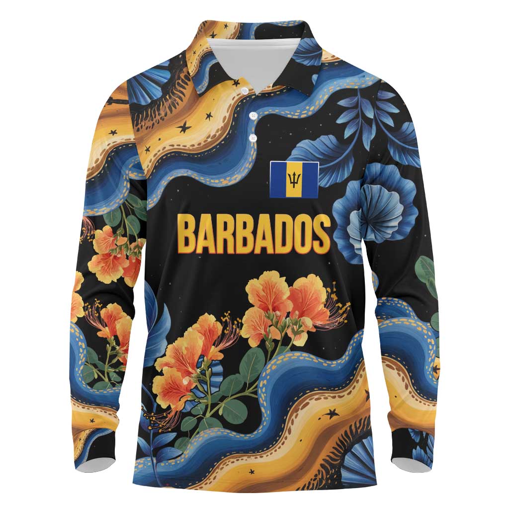 Barbados Floral Wave Long Sleeve Polo Shirt with Tropical Hibiscus Print Black and Gold - Wonder Print Shop