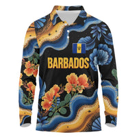 Barbados Floral Wave Long Sleeve Polo Shirt with Tropical Hibiscus Print Black and Gold - Wonder Print Shop