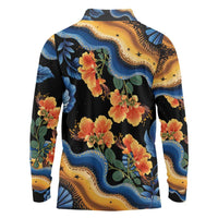 Barbados Floral Wave Long Sleeve Polo Shirt with Tropical Hibiscus Print Black and Gold - Wonder Print Shop