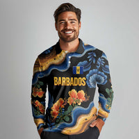 Barbados Floral Wave Long Sleeve Polo Shirt with Tropical Hibiscus Print Black and Gold - Wonder Print Shop