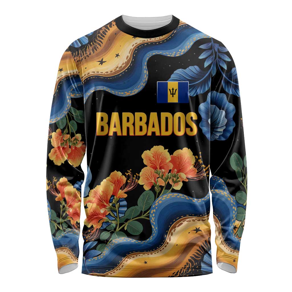 Barbados Floral Wave Long Sleeve Shirt with Tropical Hibiscus Print Black and Gold - Wonder Print Shop