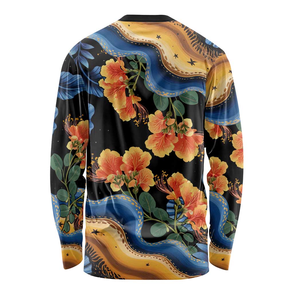 Barbados Floral Wave Long Sleeve Shirt with Tropical Hibiscus Print Black and Gold - Wonder Print Shop