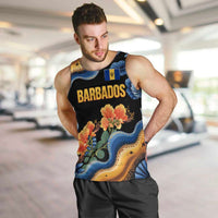 Barbados Floral Wave Men Tank Top with Tropical Hibiscus Print Black and Gold - Wonder Print Shop
