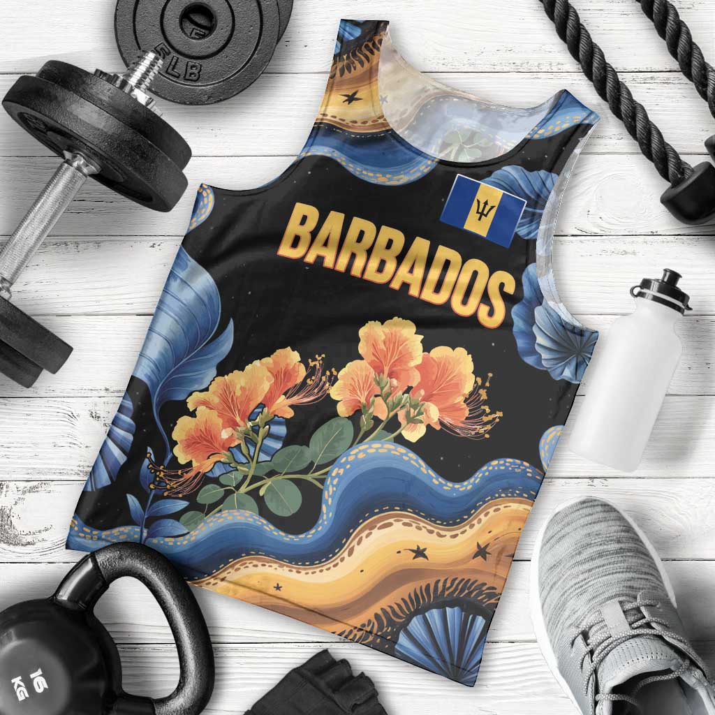 Barbados Floral Wave Men Tank Top with Tropical Hibiscus Print Black and Gold - Wonder Print Shop