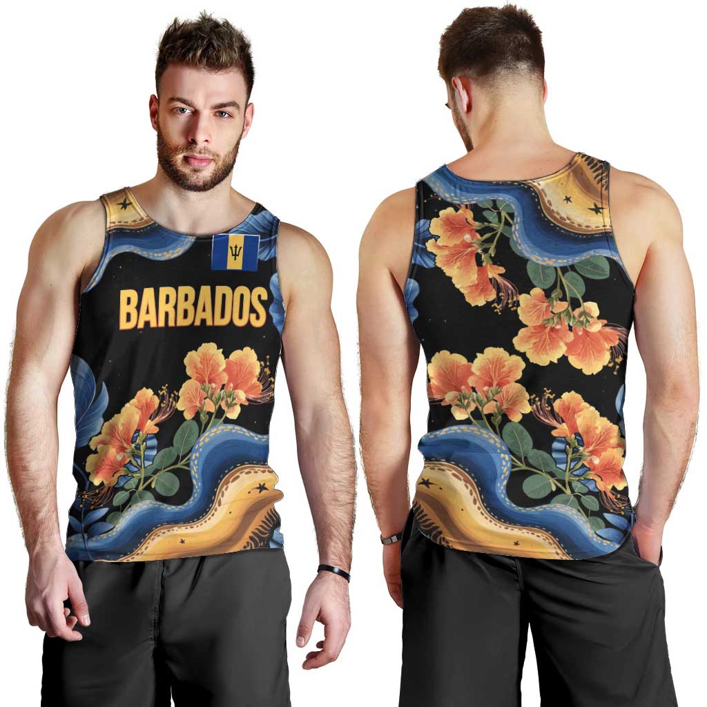 Barbados Floral Wave Men Tank Top with Tropical Hibiscus Print Black and Gold - Wonder Print Shop