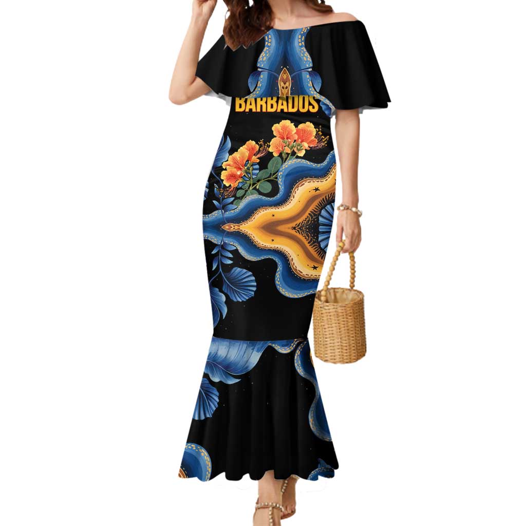 Barbados Floral Wave Mermaid Dress with Tropical Hibiscus Print Black and Gold - Wonder Print Shop