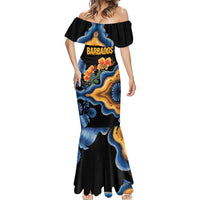 Barbados Floral Wave Mermaid Dress with Tropical Hibiscus Print Black and Gold - Wonder Print Shop