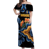 Barbados Floral Wave Off Shoulder Maxi Dress with Tropical Hibiscus Print Black and Gold - Wonder Print Shop