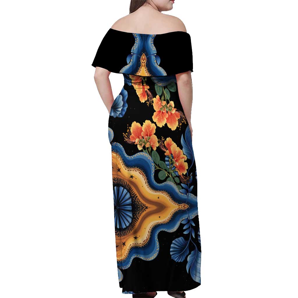 Barbados Floral Wave Off Shoulder Maxi Dress with Tropical Hibiscus Print Black and Gold - Wonder Print Shop