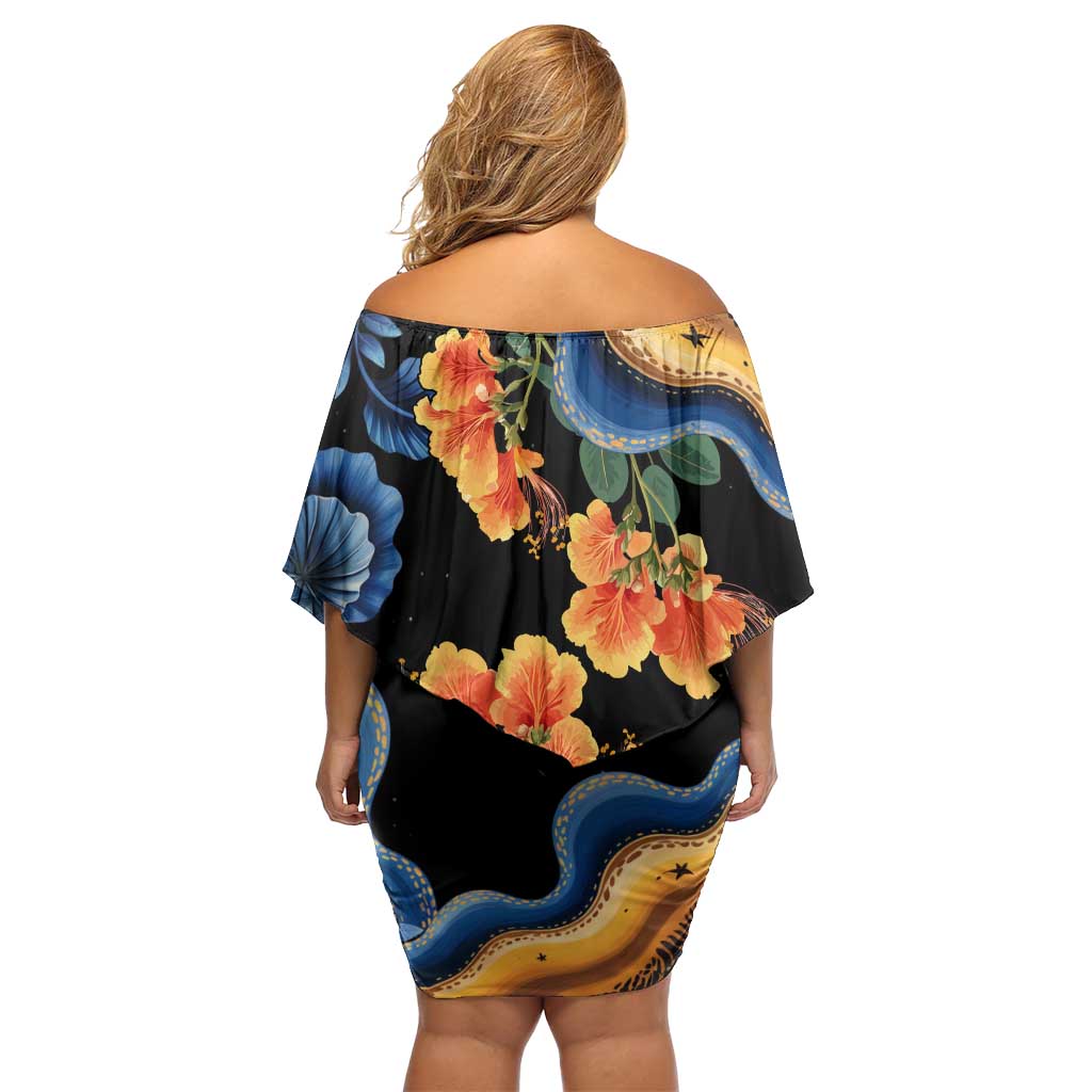 Barbados Floral Wave Off Shoulder Short Dress with Tropical Hibiscus Print Black and Gold - Wonder Print Shop