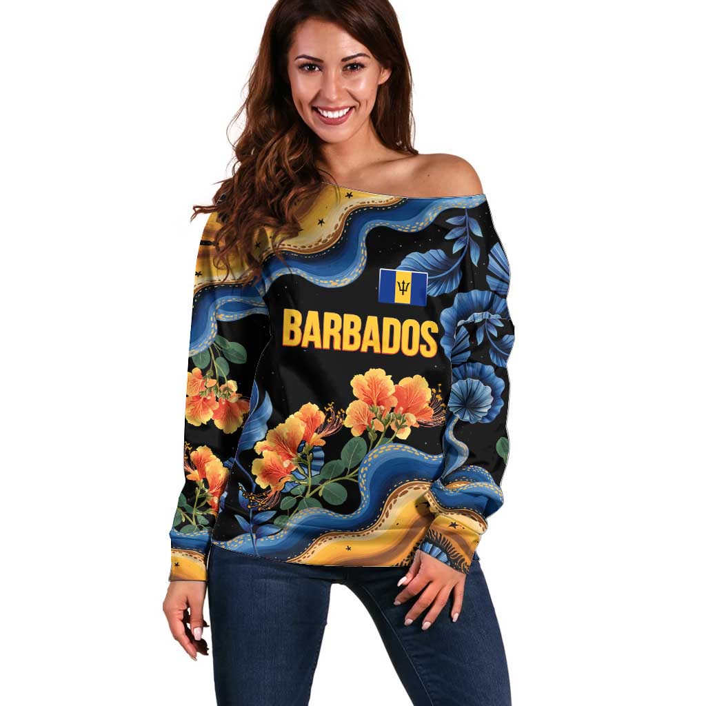 Barbados Floral Wave Off Shoulder Sweater with Tropical Hibiscus Print Black and Gold - Wonder Print Shop