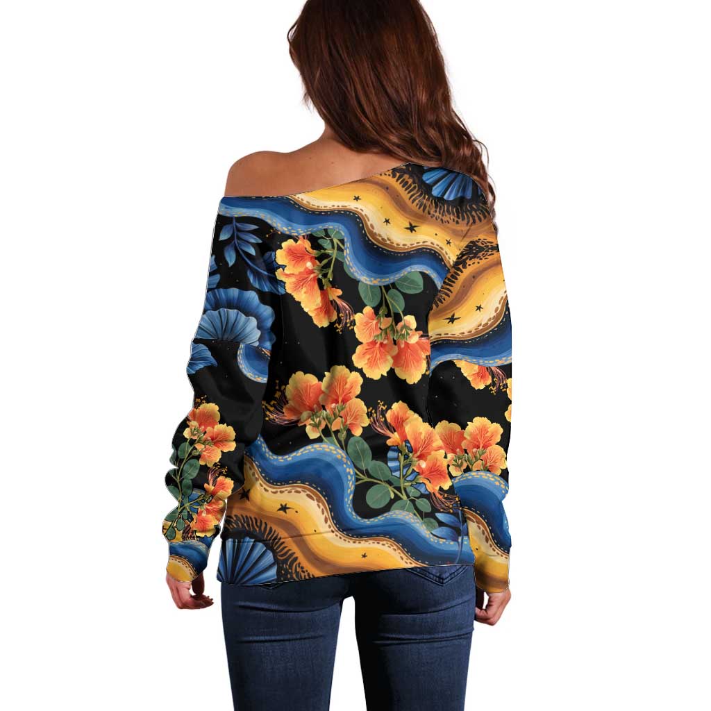 Barbados Floral Wave Off Shoulder Sweater with Tropical Hibiscus Print Black and Gold - Wonder Print Shop