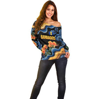 Barbados Floral Wave Off Shoulder Sweater with Tropical Hibiscus Print Black and Gold - Wonder Print Shop