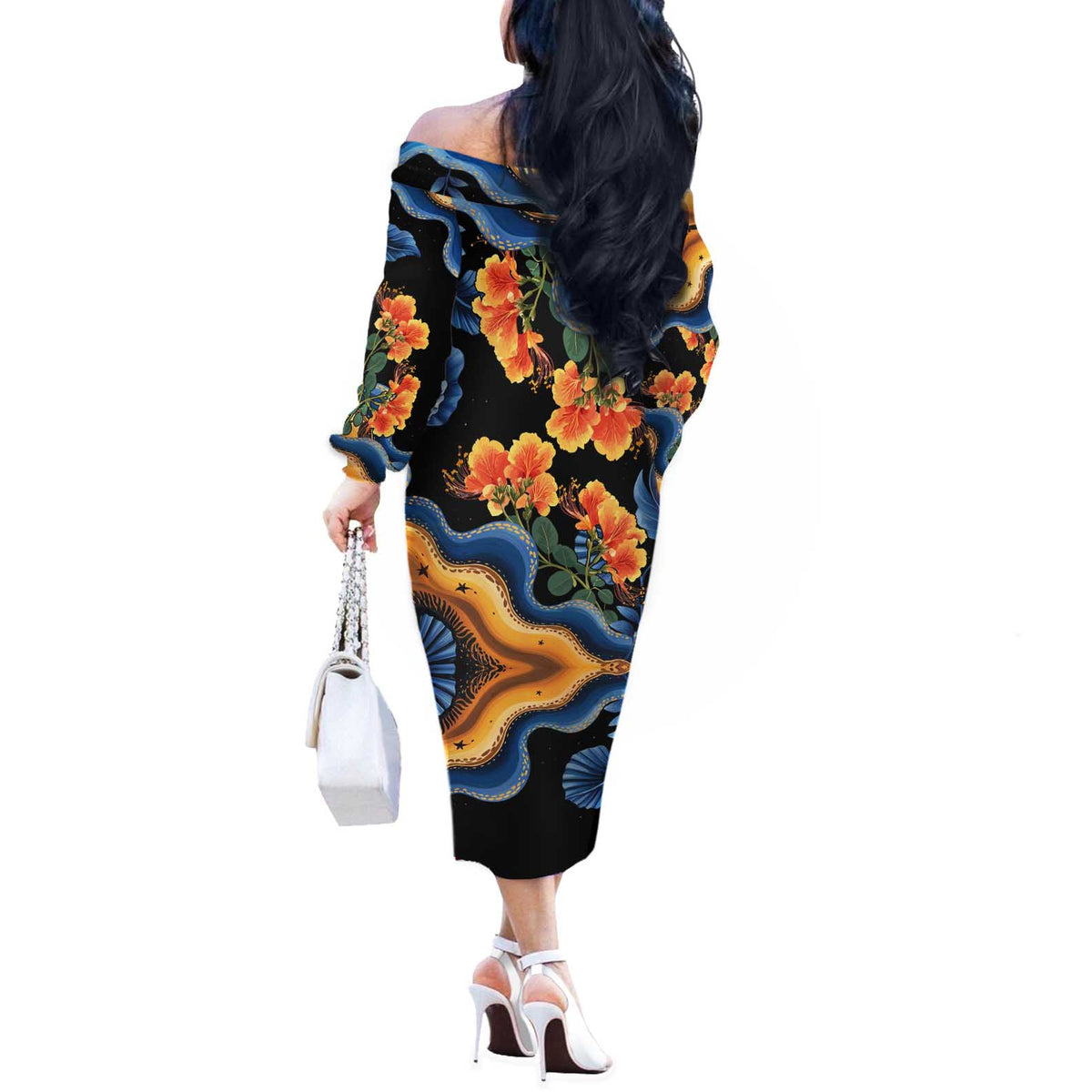 Barbados Floral Wave Off The Shoulder Long Sleeve Dress with Tropical Hibiscus Print Black and Gold - Wonder Print Shop