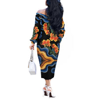 Barbados Floral Wave Off The Shoulder Long Sleeve Dress with Tropical Hibiscus Print Black and Gold - Wonder Print Shop
