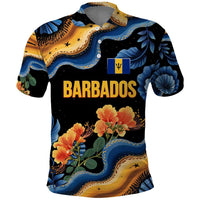 Barbados Floral Wave Polo Shirt with Tropical Hibiscus Print Black and Gold - Wonder Print Shop