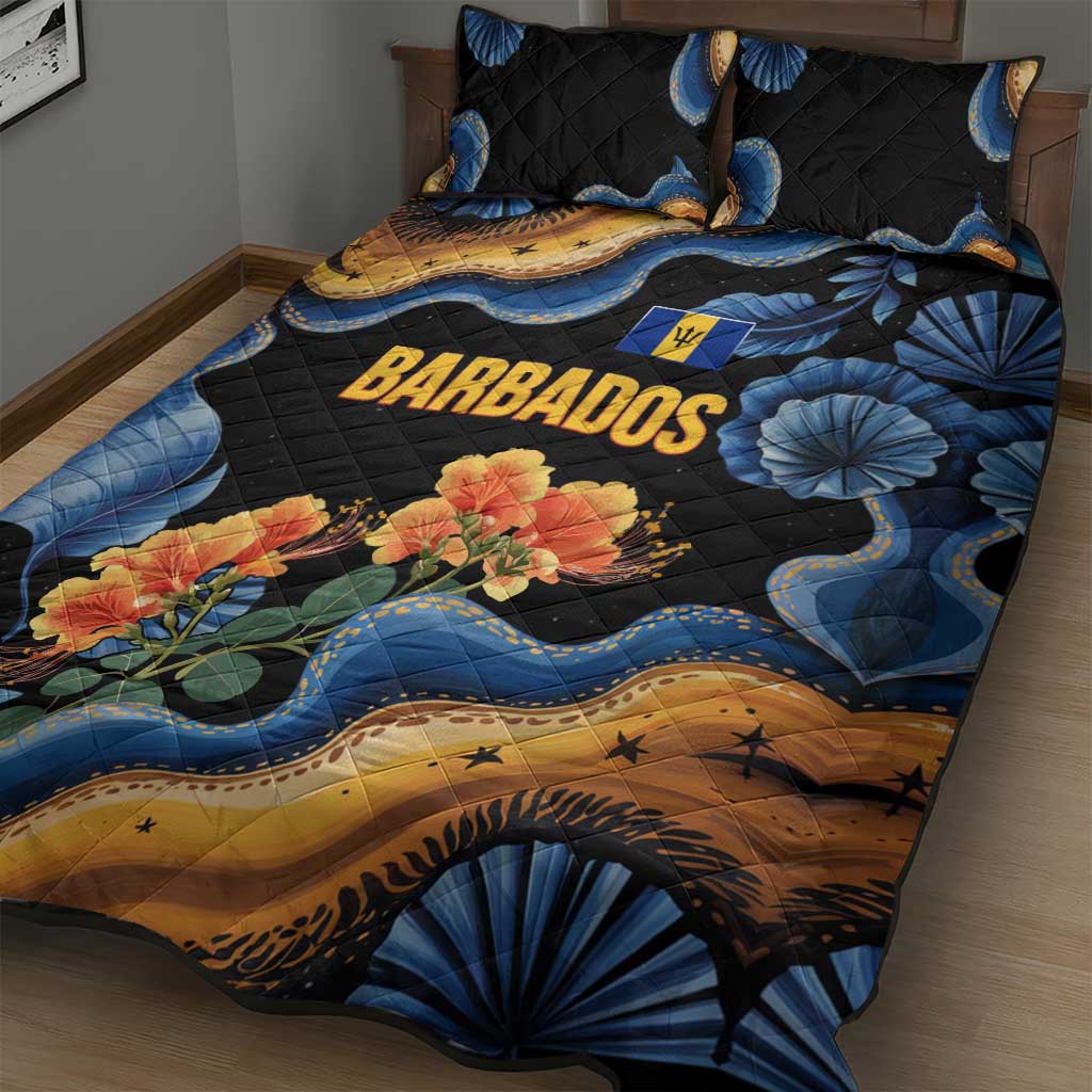 Barbados Floral Wave Quilt Bed Set with Tropical Hibiscus Print Black and Gold - Wonder Print Shop