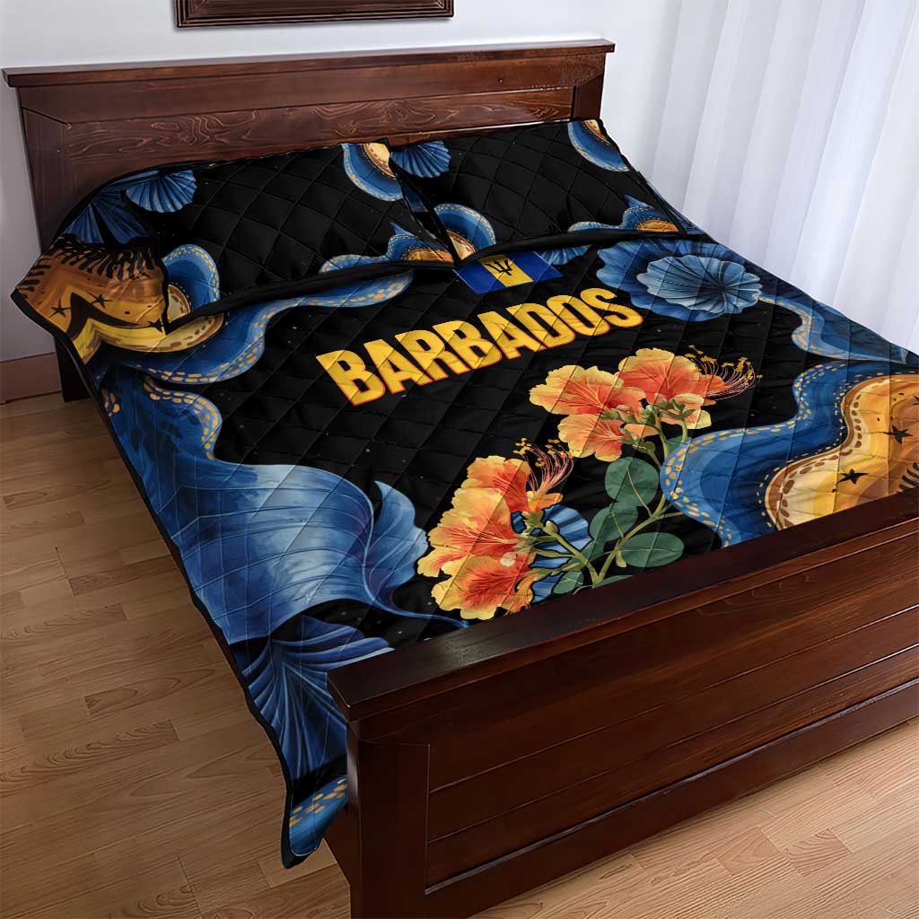 Barbados Floral Wave Quilt Bed Set with Tropical Hibiscus Print Black and Gold - Wonder Print Shop