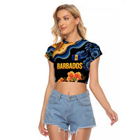 Barbados Floral Wave Raglan Cropped T Shirt with Tropical Hibiscus Print Black and Gold - Wonder Print Shop
