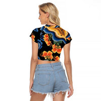 Barbados Floral Wave Raglan Cropped T Shirt with Tropical Hibiscus Print Black and Gold - Wonder Print Shop