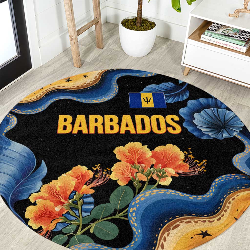 Barbados Floral Wave Round Carpet with Tropical Hibiscus Print Black and Gold - Wonder Print Shop