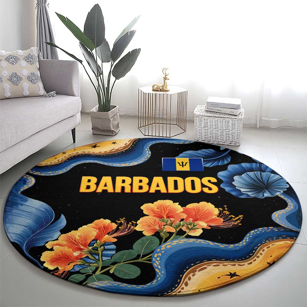 Barbados Floral Wave Round Carpet with Tropical Hibiscus Print Black and Gold - Wonder Print Shop