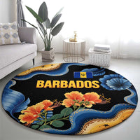 Barbados Floral Wave Round Carpet with Tropical Hibiscus Print Black and Gold - Wonder Print Shop